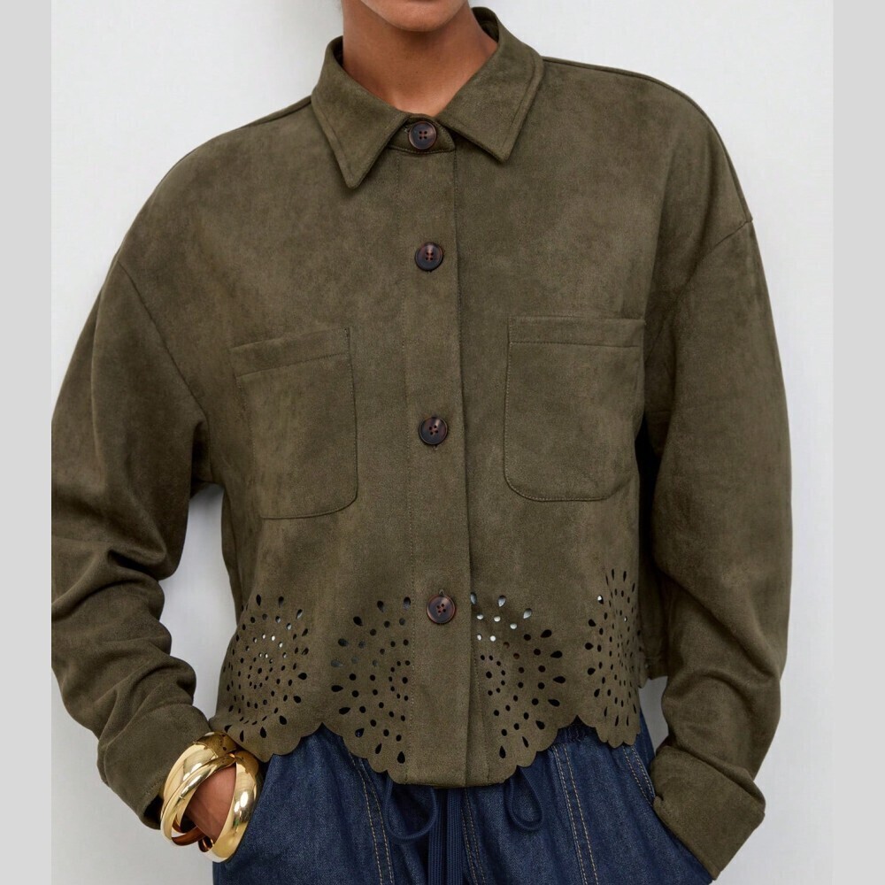 Olive Green Faux Suede Laser Cut Pattern Scalloped Hem Crop Jacket